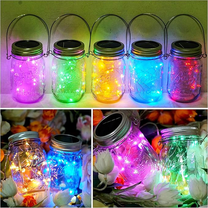Solar Light for Mason Jars 20 LED Outdoor Fairy String Light Lids with Hangers for Jar Lantern Waterproof Rust Resist for Patio Lawn Garden Decor No Jars 10 Pack (Red, Blue, Green, Purple,Yellow)