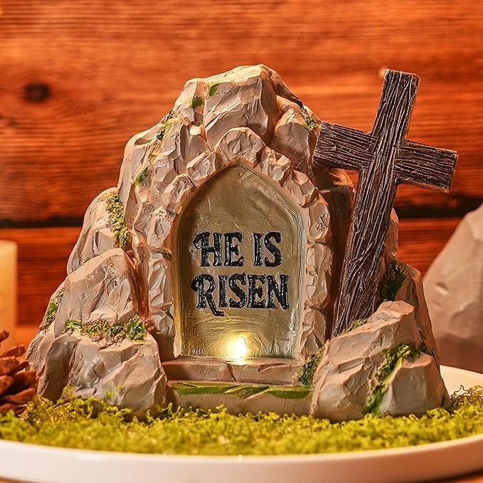 Empty Tomb Easter Decor with LED Lighting, Battery Powered Resurrection Scene for Christian Decoration, Resin HE is Risen Religious Display with Timer, Home Office Tabletop Tray, Shelf Decor