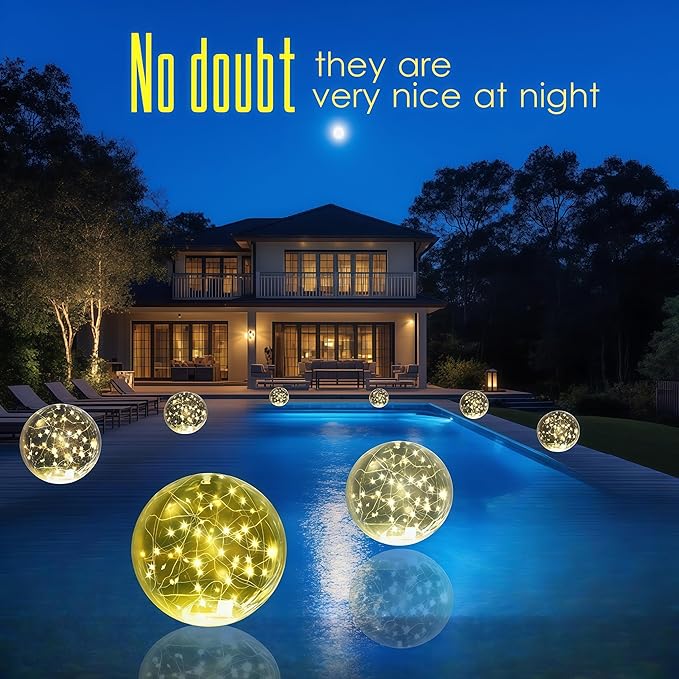 Floating Pool Lights Solar Powered - 14" Inflatable Waterproof Floating Pool Balls Light That Float for Party, Outdoor Pond/Patio Decorations (Warm-White, 4 Pack)