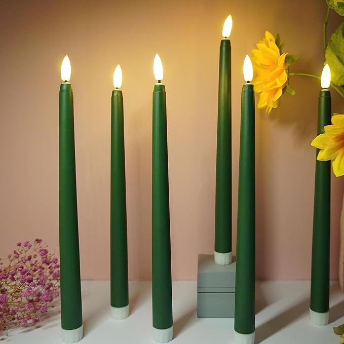 Green Flameless Taper Candles with Remote Timer, Flickering Battery LED Candlesticks Spring Home Decor Set of 6
