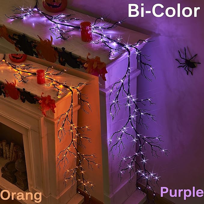 Hairui Halloween Garland with Lights 120 Orange and Purple Bi-Color Fairy Lights 8 Functions, Lighted Black Garland 6FT Battery Operated for Indoor Outdoor Home Halloween Decoration
