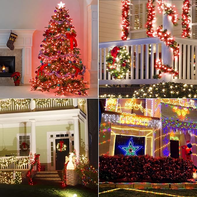 WATERGLIDE C6 Christmas Lights, 33ft 100 LED Faceted String Lights Green Wire Valentines Fairy Lights with 29V Adaptor, 8 Lighting Mode, Waterproof for Indoor Outdoor Patio Xmas Tree Party Decor, Red