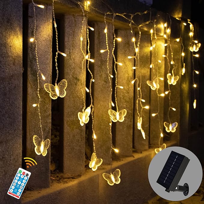 Butterfly Solar Lights Outdoor 13ft LED Fairy Curtain Light with Remote, USB Rechargable Waterproof Solar Firefly Light Butterfly Decor for Garden Patio Balcony Fence Tent Easter (Warm White)