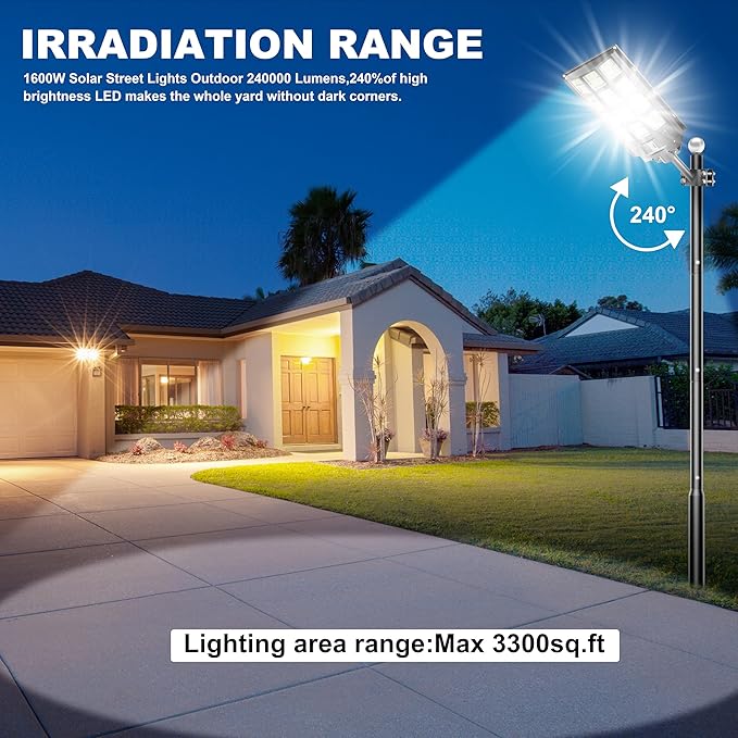 1-Pack 8000W Solar Street Light, Solar Street Lights Outdoor Waterproof, 240000LM 7000K Solar Powered Street Light, Dusk to Dawn, with Motion Sensor, LED Wide Angle Lamp