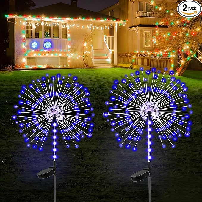 2 Pack 250LED Solar Garden Lights Outdoor, Dual Lighting Modes Firework Lights Solar Powered, Waterproof Twinkle Fairy Light Outside for Yard Patio Pathway Christmas Party Decorative(Blue)