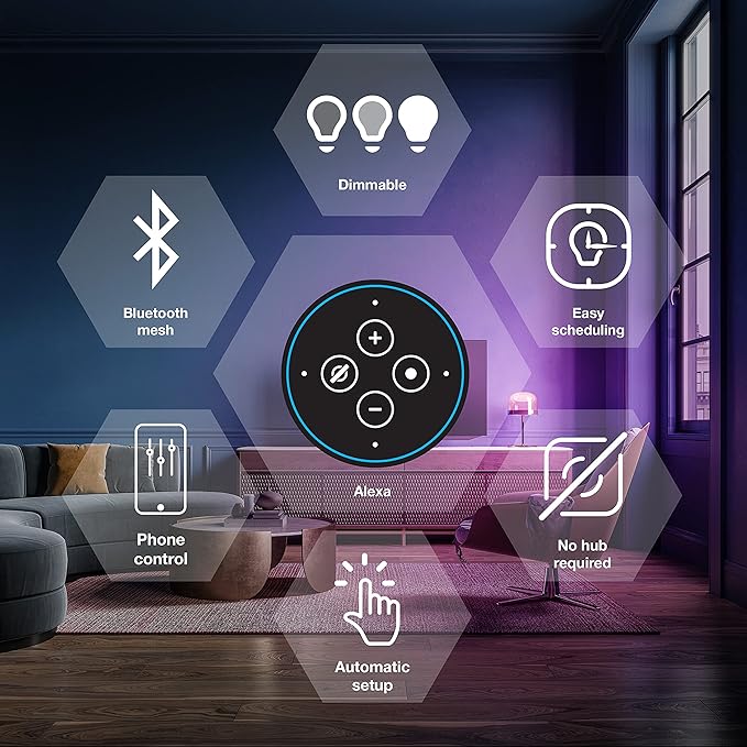 Sylvania Smart+ Bluetooth Mesh 60W Equivalent A19 LED Light Bulb, Full Color and Dimmable White, Compatible with Alexa, 2 Pack