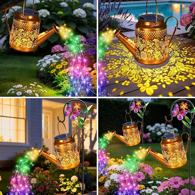 ANGMLN Butterfly Solar Lights Outdoor Waterproof, Birthday Gifts for Mom Grandma Women, Solar Watering Can Lights with Shepherd Hook, Metal Hanging Lantern Garden Decor Yard Outside Patio Lawn