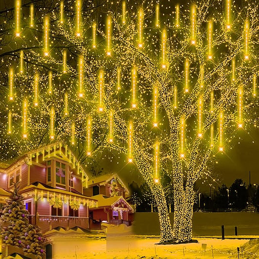 Christmas Lights Outdoor, Meteor Shower Falling 12 inch 8 Tubes Icicle Snow Raindrop Lights for Xmas Tree Holiday Party Decoration, UL Plug, Wram White