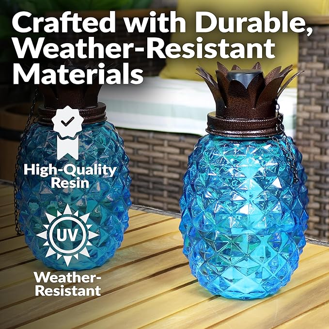 Sunnydaze Tropical Pineapple Glass Patio Torches Set of 2 - 23 to 63-Inch Outdoor Lawn Torch, Garden, Deck & Backyard - Blue