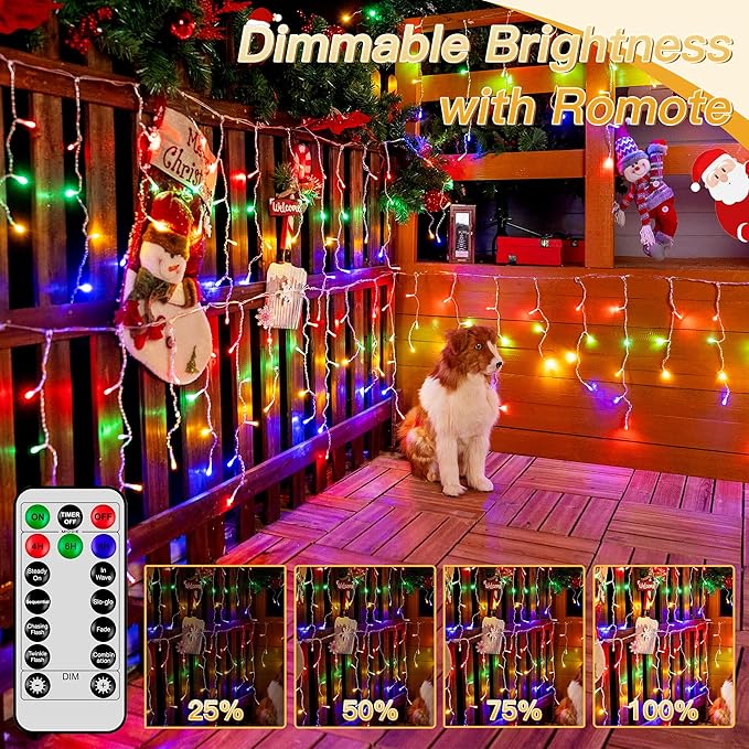 Icicle Lights for Outside, 216LED 24FT Waterproof Christmas Light Outdoor with 8 Modes & Timer, Connectable Christmas Icicle Lights for Eaves House Yard Indoor Outdoor Holiday Decoration(Multicolor)