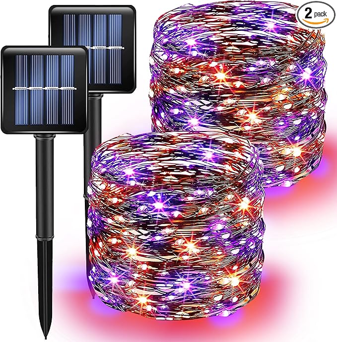 Purple and Orange Solar Halloween Lights Outdoor, Total 80 FT 240 LED Solar Powered Waterproof Fairy Lights 8 Modes Copper Black Wire Lights for Halloween Party Tree Wedding Yard Decorations, 2 Pack