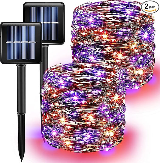 Purple and Orange Solar Halloween Lights Outdoor, Total 80 FT 240 LED Solar Powered Waterproof Fairy Lights 8 Modes Copper Black Wire Lights for Halloween Party Tree Wedding Yard Decorations, 2 Pack