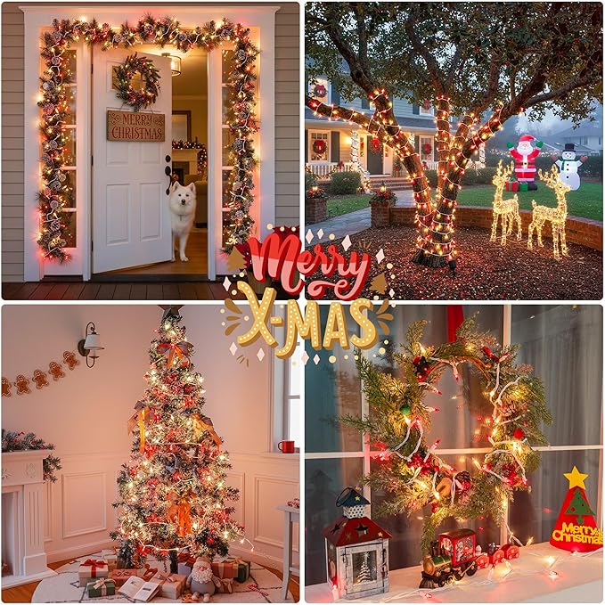 Hopolon 2PACK Red & Warm White Christmas Lights,50Count 13FT Christmas String Lights Mini Light with White Wire for Outdoor Indoor,Plug in for Xmas Party Patio Wedding Holiday Decor