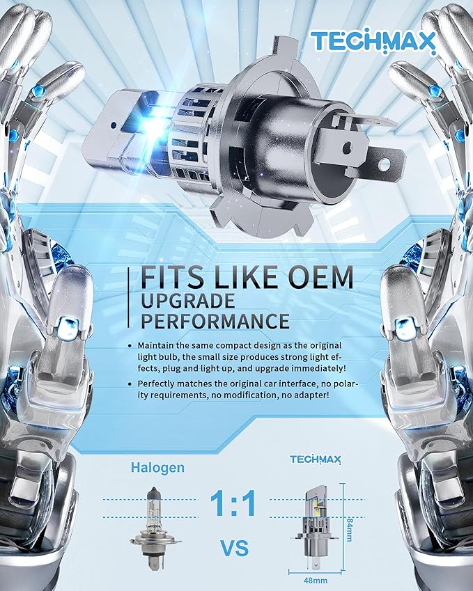 TECHMAX H4 Light Bulbs, 9003 H4 Fog Light Bulb w/Fan 600% Bright 6500K Wireless Direct Insertion Plug and Play, Pack of 2
