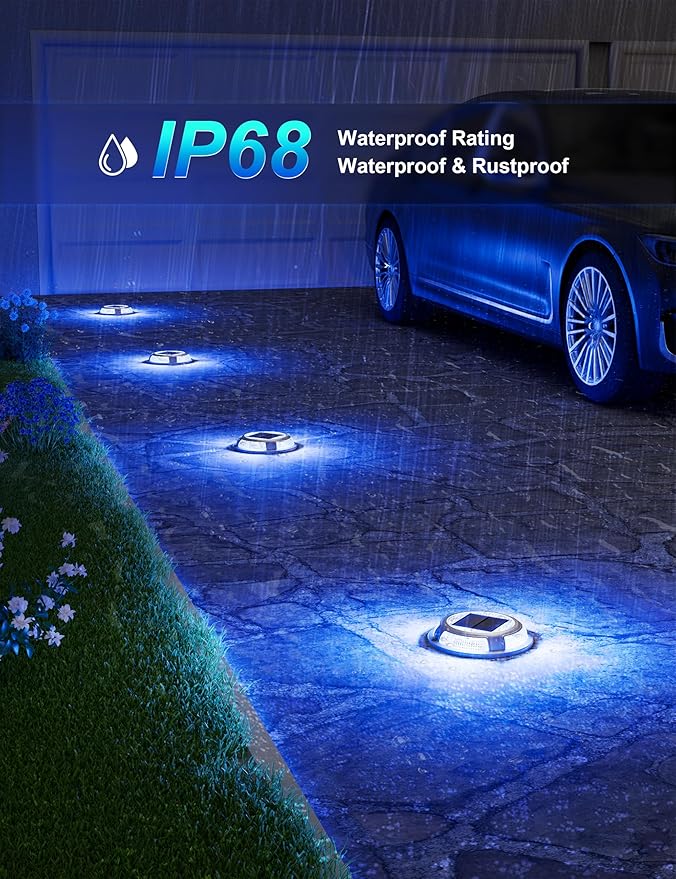 VOLISUN Solar Driveway & Deck Lights 12 Pack Waterproof Dock & Marine Ground Lights,2-in-1 Blue & White LED,Solar Marker for Pathways,Steps,and Warning Signs,Auto On/Off