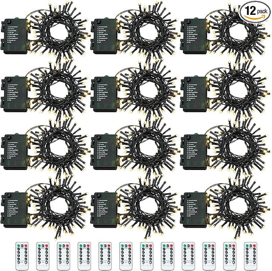 Tuanse 12 Pack Battery Operated Outdoor Christmas Tree String Lights,16.4 ft Mini Light Outdoor Christmas Lights with 50 Led of Dark Green Cable Lighting for Bedroom Garden Yard (Warm Light)