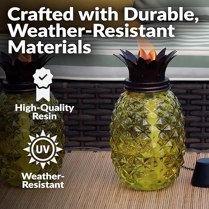 Sunnydaze Tropical Pineapple Glass Patio Torches Set of 2 - 23 to 63-Inch Outdoor Lawn Torch, Garden, Deck & Backyard - Yellow