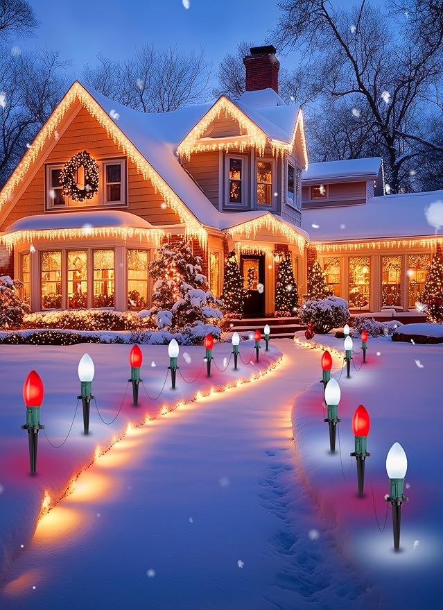 Brightown Frosted C9 LED Christmas Lights Outdoor, 2 Packs Total 51.4Ft 40 LED Bulbs Christmas Pathway Lights, Christmas Decorations Outside Driveway Waterproof Walkway Sidewalk, Red and White