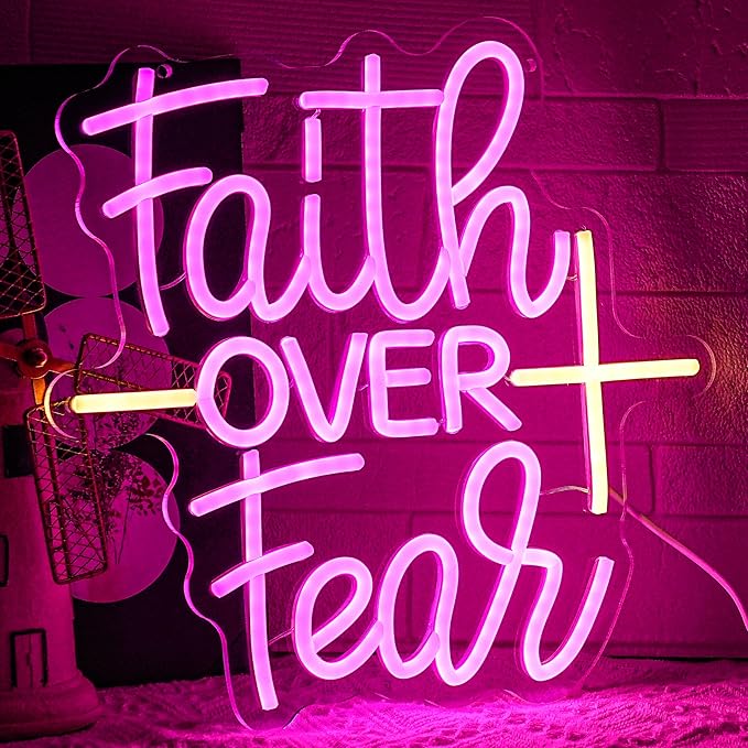 Faith Over Fear Neon Sign for Wall Decor Jesus Neon Light Warm White Cross Neon Light Sign Letter LED Neon Light for Christian Religious Motivation Bedroom Wedding Church Decor
