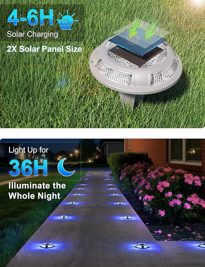 VOLISUN Solar Driveway & Deck Lights 8 Pack Waterproof Dock & Marine Ground Lights,2-in-1 Blue & White LED,Solar Marker for Pathways,Steps,and Warning Signs,Auto On/Off