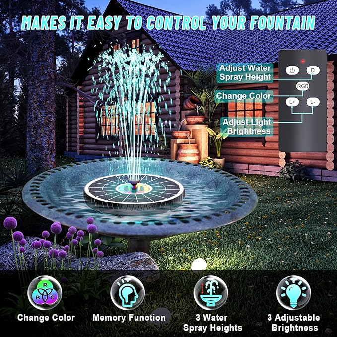 Remote Control Solar Water Fountain, 2026 Upgrade 6W Solar Bird Bath Fountain Pump with 3 Spray Heights, 3 Brightness,4000mAh Battery, LED Lights, for Hummingbird,Garden, Pond, Pool, and Patio