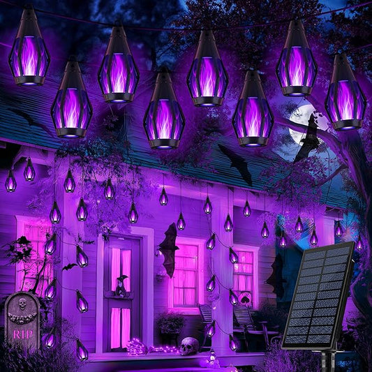 iBaycon Solar Halloween Lights, 27Ft 10 LED Bulbs Flickering Flame String Light, Outdoor Waterproof Solar Flame Lights for Garden Yard Patio Halloween Decorations (Purple)