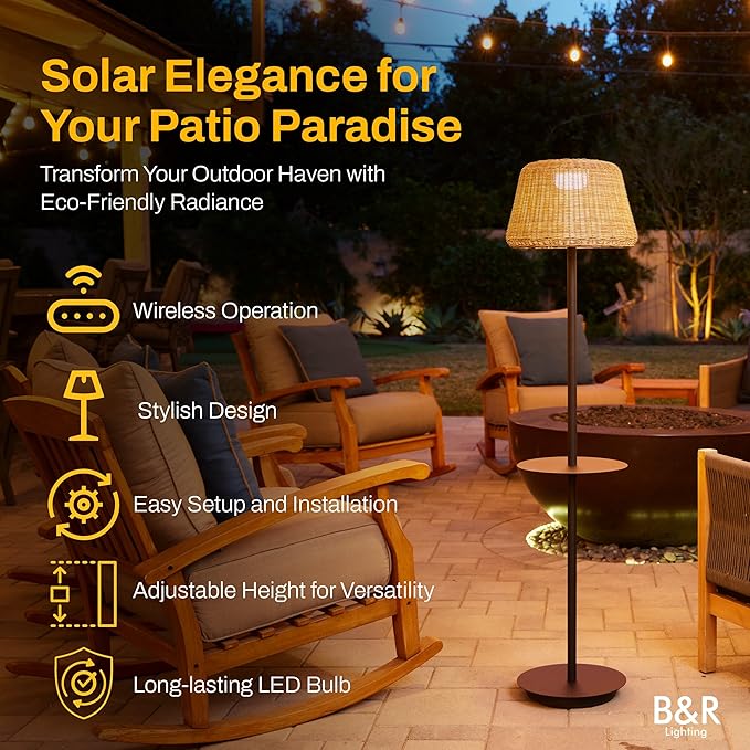 B&R Lighting Solar Outdoor Floor Lamp with Table - Cordless Outdoor Floor Lamp - Patio, Porch, Garden - Rattan Wicker Lights for Outside - Waterproof, Rechargeable, Weatherproof