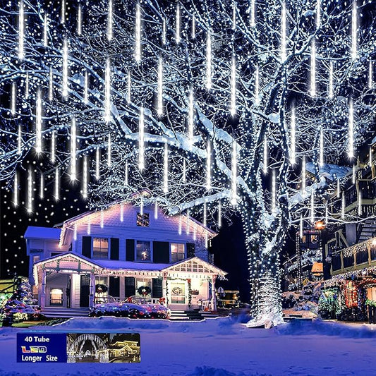 Outdoor Christmas Lights: 40 Tube(Equivalent to 5 Sets of 8-Tubes) Meteor Shower Rain Lights - Waterproof Christmas Halloween Decorations for Yard Outside Tree Roof, White