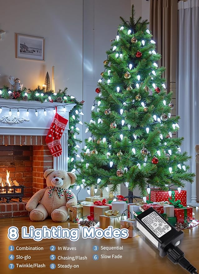 C9 LED Christmas Lights Outdoor, 81 Feet 100 LED String Light with Timer & 8 Lighting Mode, Waterproof Commercial Grade Christmas Tree Lights for Outside Indoor Roofline Patio, Pure White|2 Pack