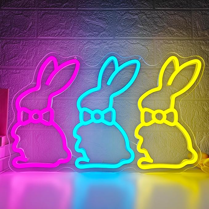 Easter Neon Sign Bunny Neon Light for Bedroom Home Three Rabbits Neon Window Lights Bunny LED Signs Easter Decor for Wall Cute Bow Rabbits Tabletop Decorations for Party