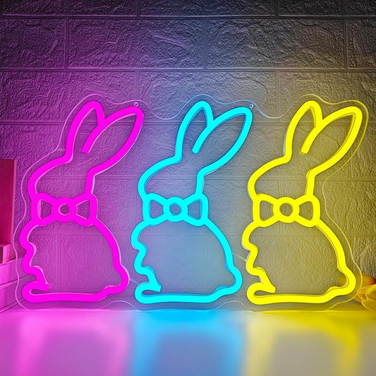 Easter Neon Sign Bunny Neon Light for Bedroom Home Three Rabbits Neon Window Lights Bunny LED Signs Easter Decor for Wall Cute Bow Rabbits Tabletop Decorations for Party