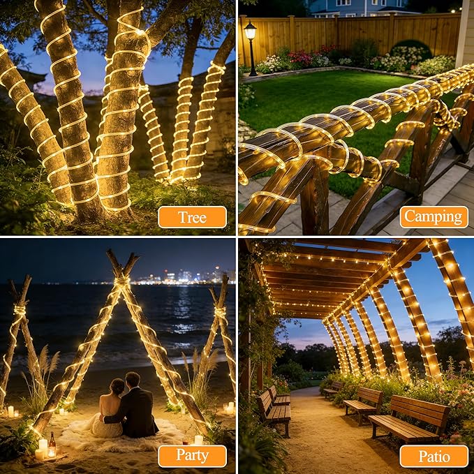 Ollny Solar Rope Lights Outdoor, 2 Pack Total 66FT 200 LED Warm White String Lights with Remote, 8 Modes Waterproof Timer Tube Light for Tree Holiday Party Wedding Decor