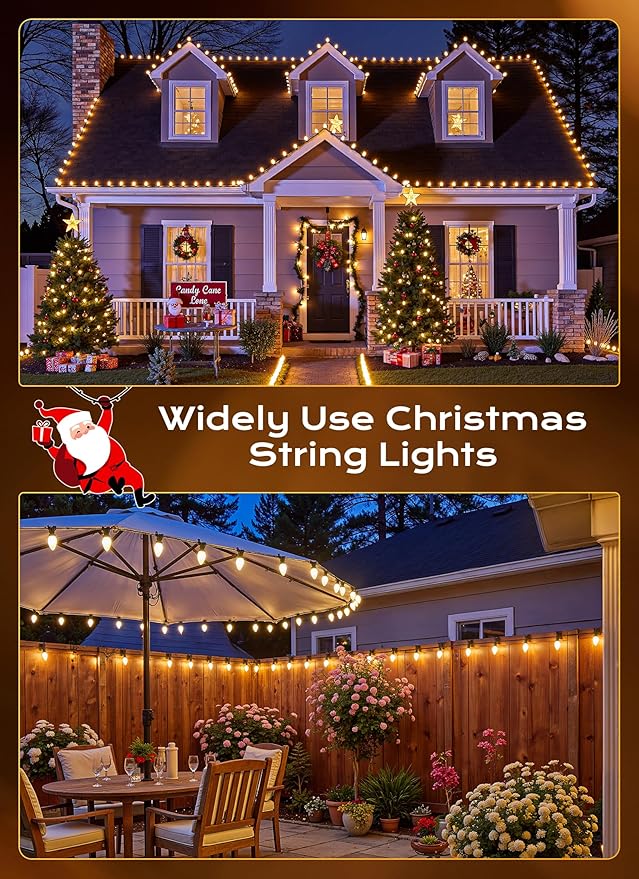 Brightown C9 LED Christmas Lights Outdoor, 25 FT 25 LED Warm White Connectable C9 String Lights for Christmas Tree Patio Roofline Garden Backyard Holiday Party Indoor Outdoor Decoration, Green Wire