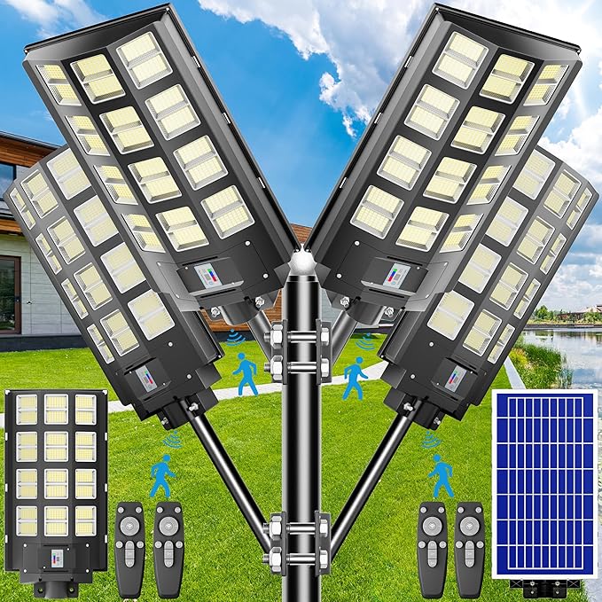 8000W Solar Street Light Outdoor Waterproof IP67 240000 Lumens, Solar Parking Lot Lights Dusk to Dawn Metion Sensor Solar Power Street Light Outside 4-Pack