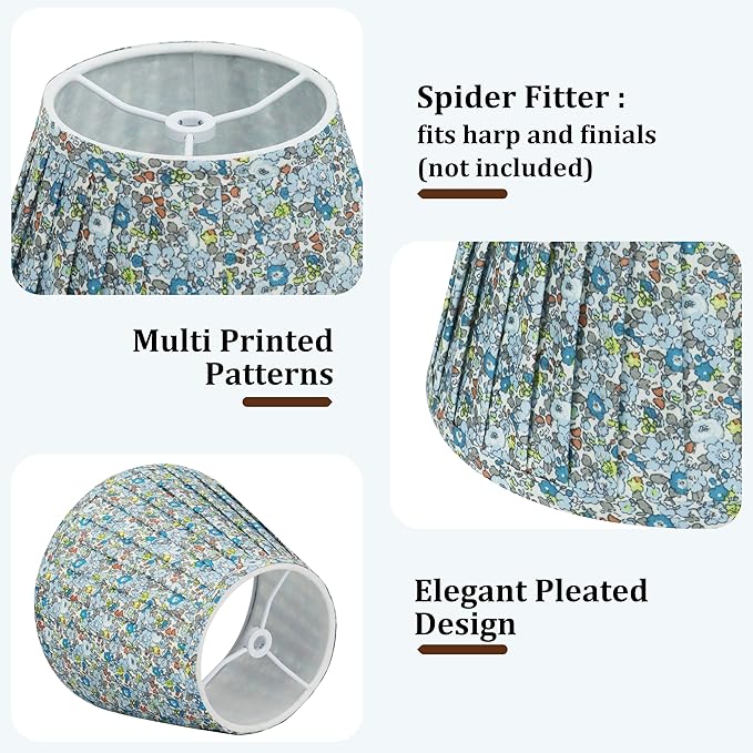 Small Floral Pleated Lamp Shades Set of 2, 5" Top x 9" Bottom x 6.2" High, Spider Fitter, Assembly-Free, Blue Empire Lampshades for Table Lamps – Perfect for Cottage, Farmhouse & Country Decor