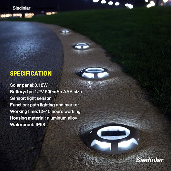 SIEDiNLAR Solar Deck Lights Driveway Dock LED Light Solar Powered Outdoor Waterproof Road Markers for Step Sidewalk Stair Garden Ground Pathway Yard 12 Pack (White)