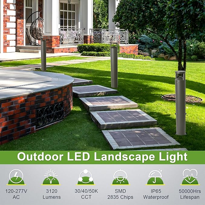 LED Bollard Landscape Light, 42inch 24W 3CCT Selectable (3000K/4000K/5000K),120V-277V Commercial/Residential Bollard Lighting Fixture for Garden, Pathway, Driveway, Die-cast Aluminum, Bronze