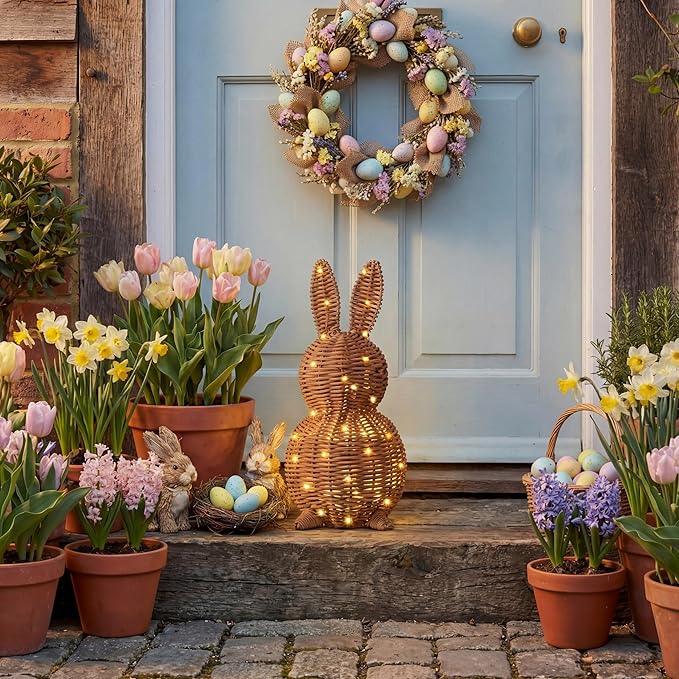 Thyle 1 Pcs Neutral Easter Rattan Bunny Decoration, 13.8 Inch Morden Woven Rabbit Tabletop Centerpiece with 3.28 FT String Light, Rabbit Ornament for Mantel Fireplace Easter Home Tiered Tray Decor