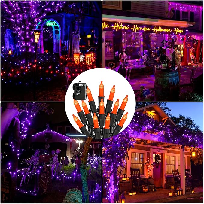 Battery Operated Halloween Lights, 2 Pack 50 LED 16FT Orange String Lights Outdoor, Waterproof Mini String Tree Light with 8 Modes, Halloween Decorations for Indoor Patio Garden Party Decor