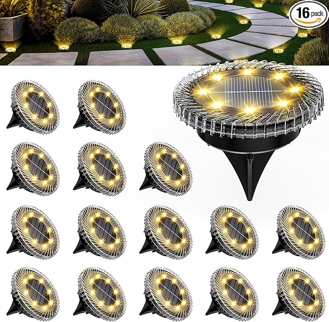 16 Pack Small Solar Ground Lights, Pathway Lights Waterproof, Outdoor Solar Light for Garden, Driveway, Walkway, Backyard (Warm White)