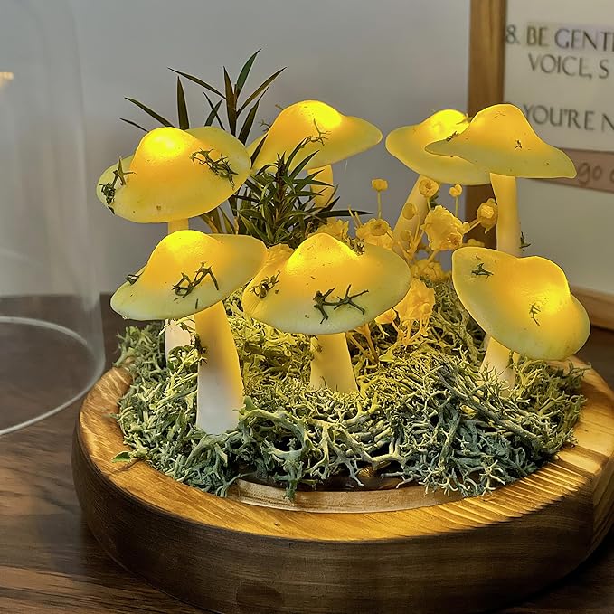 Mushroom Lamp, Decor LED Light in Glass Dome with Base for Home Bedroom Decor Birthday with Birthday Valentines Anniversaries Gifts Box (Yellow)