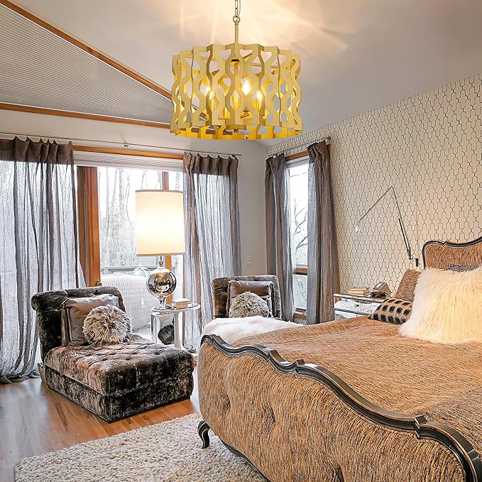 Wellmet Modern Chandelier Light,Gold Ceiling Light Fixture for Dining Room,4 Light Drum Farmhouse Geometric Pendant Light,Round Large Chandelier for Bedroom,Living Room,Cabin,Foyer,Kitchen Island 20"D