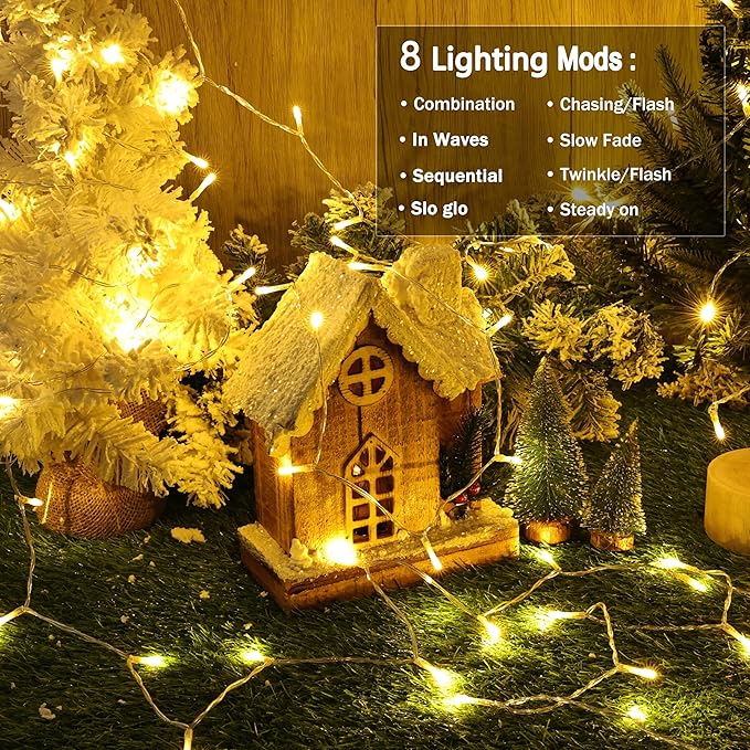 Lomotech Battery Operated Christmas Lights - 4 Pack Total 66ft 200LEDs String Lights 8 Modes Waterproof with Timer for Home, Garden, Party, Holiday, Tree Decoration (Clear Wire, Warm White)