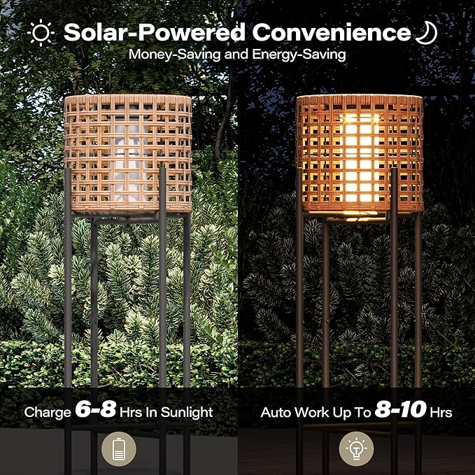 LAUSAINT HOME Solar Powered Outdoor Floor Lamp with Auto On/Off LED Light, Waterproof Wicker Patio Floor Lights, Boho Rattan Floor Lantern (2 Floor Lamps)