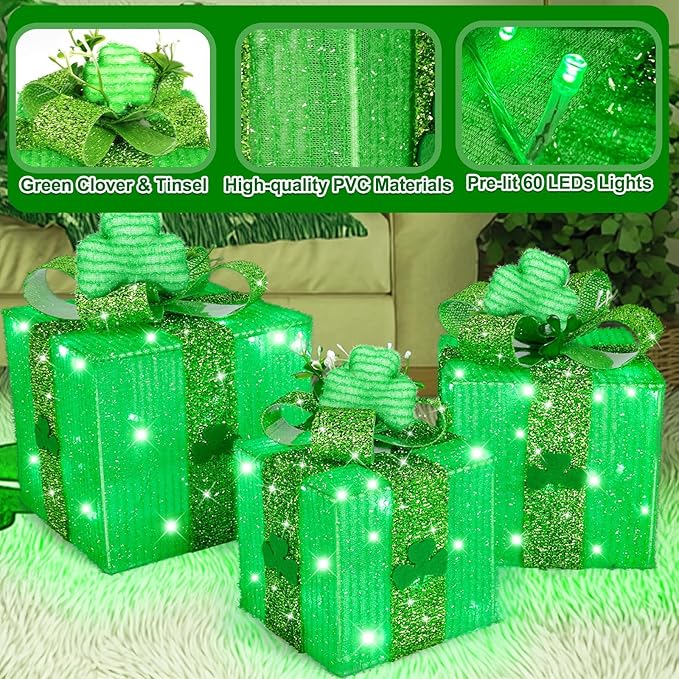 Timer & 8 Mode 3 Pack St Patricks Day Decorations Lighted Gift Boxes with 3D Shamrocks 60 LED Glitter Tinsel St Patrick's Day Decor Battery Operated Light Up Clover Present for Outdoor Home Room Decor