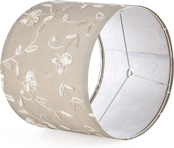 Creme Fabric Drum Lamp Shade with Embroidered Leaf Trim 13" Top x 13" Bottom x 10" High (Spider) Set of 2 Medium Lamp Shade for Table & Bedside Lamp Replacement Lampshades in Hand Crafted