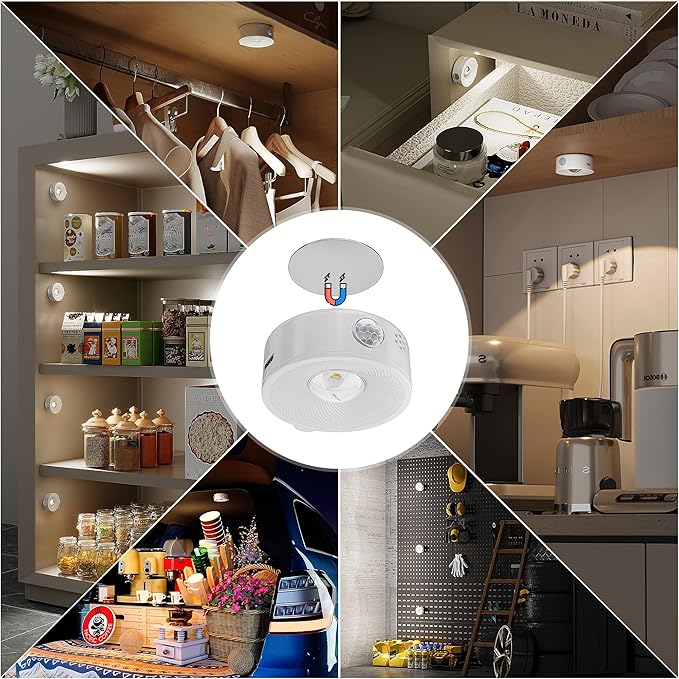 2" Rechargeable Mini Puck Lights w/Lanyard, Renter Friendly Magnetic Stick On Battery Operated Lights, Wireless Motion Sensor Light Indoor for Closet, Wall, Shelves, Kitchen, Locker - 6Pack/White