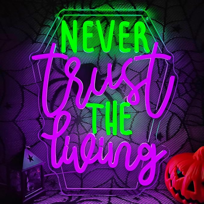Ajoyferris Never Trust The Living Neon Sign Halloween Led Signs Dimmable Tombstone Light Up Sign Gothic Haunted House Neon Window Lights Scary Halloween Decorations