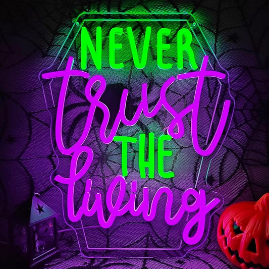 Ajoyferris Never Trust The Living Neon Sign Halloween Led Signs Dimmable Tombstone Light Up Sign Gothic Haunted House Neon Window Lights Scary Halloween Decorations