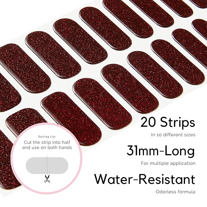 NAILOG Semi Cured Gel Nail Strips, 20Pcs Dark Red Gel Nail Stickers, Salon Quality Easy Apply & Remove Works with Any UV/LED Nail Lamps, Red Carpet
